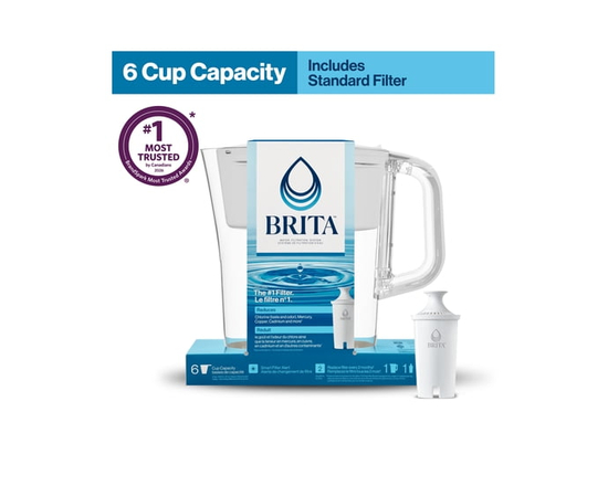 Brita Small 6 Cup Water Filter Pitcher with 1 Brita Standard Filter, Made Without BPA, Denali, White - 6