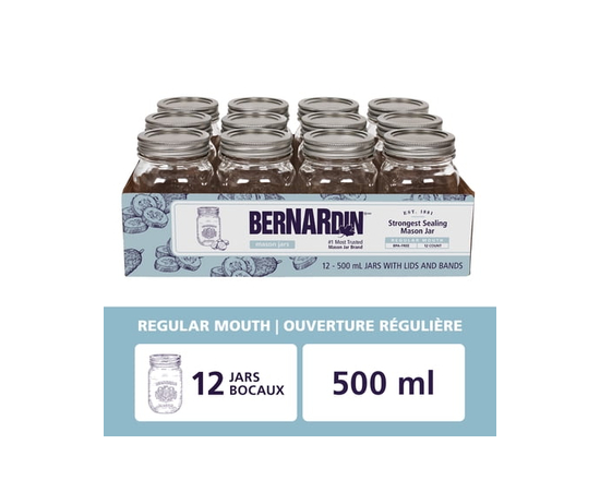Bernardin Mason Jars, Regular Mouth, 500 mL, 12 Count - Standard (70 mm)