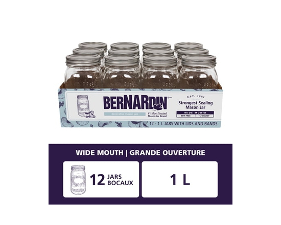 Bernardin Decorative Mason Jars, Wide Mouth, 1 L, 12 Count - Wide mouth (86 mm)