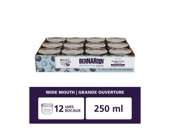 Bernardin Decorative Mason Jars, Wide Mouth, 250 mL, 12 Count - Wide mouth (86 mm)