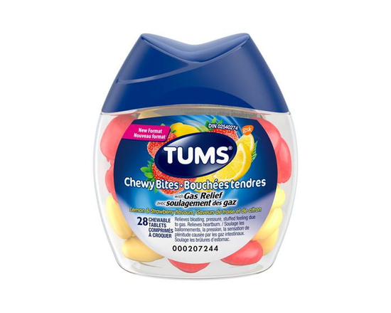 Tums Chewy Bites with Gas Relief Lemon and Strawberry Flavours, Antiacid and Anti-Gas, 28 ct