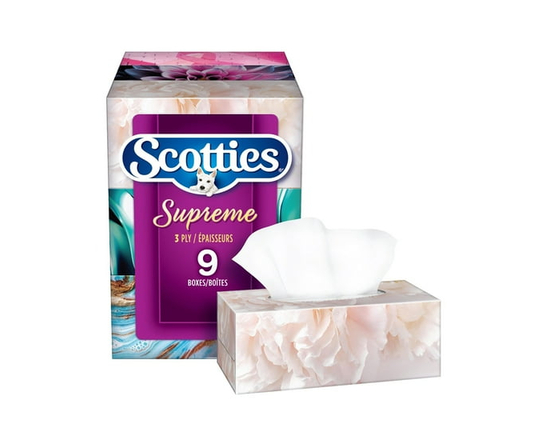 Scotties Supreme 3-Ply Facial Tissues, 9 Boxes, 81 Tissues Per Box