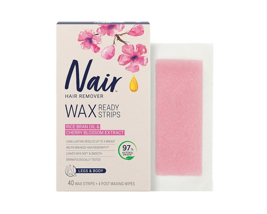 Nair Wax Ready Hair Removal Strips for Legs and Body with Rice Bran Oil and Cherry Blossom Extract, 40 Strips + 4 Finishing Wipes, Packaging May Vary