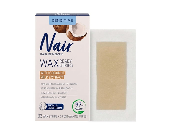 Nair Wax Ready Strips for Bikini & Underarm with Coconut Milk Oil, for Sensitive Skin, 32 Strips + 3 Finishing Wipes, Packaging May Vary - 32 Wax stri