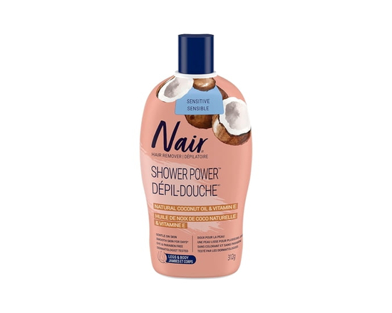 Crème dépilatoire Nair Shower Power formule sensible pour jambes et corps avec huile de coco 100 % naturelle et vitamine E, 312 g (l'emballage peut va