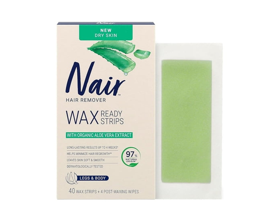 Nair Lot de 40 bandes de cire d'épilation prêtes à l'emploi avec de l'aloe vera apaisant pour peaux sèches, fabriquées avec 97 % d'ingrédients naturel