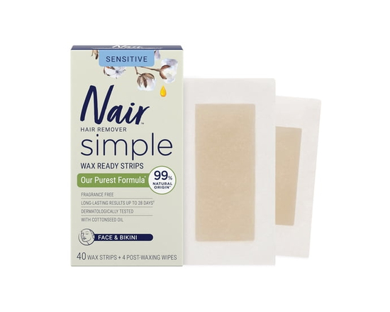 Bandes de cire simples Nair pour le visage et le bikini, avec huile de graines de coton pour peaux sensibles, testées dermatologiquement, 40 bandes de