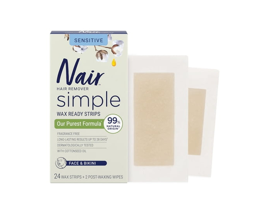 Nair Simple Wax Strips for Face and Bikini, with Cotton Seed Oil for Sensitive Skin, Long lasting Results and Dermatologically Tested, 24 strips + 2 p