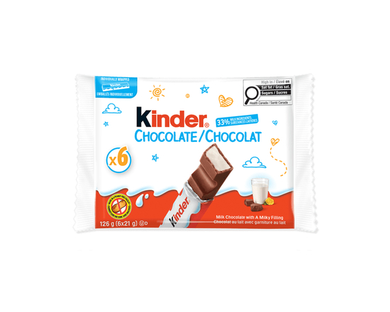 KINDER CHOCOLATE/CHOCOLAT Milk Chocolate Bar With A Milky Filling, 6 Individually Wrapped Bars Per Pack, 126 g - 126g