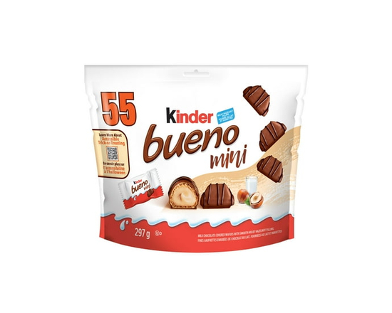 KINDER BUENO Mini Chocolate And Hazelnut Cream Candy Bars, Halloween Chocolates, 55 Individually Wrapped Chocolates Per Bag, 297g - 297g