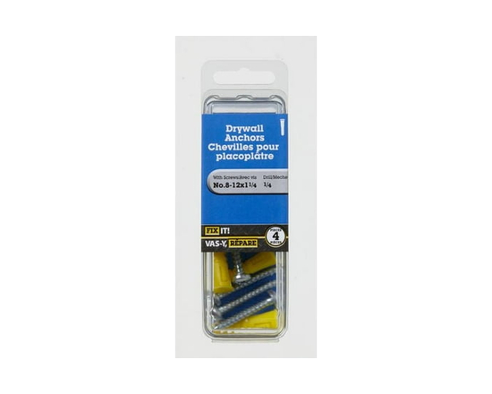 8-12x1-1/4" Drywall Anchor with Screws 4 Pieces - 8-12x1-1/4"