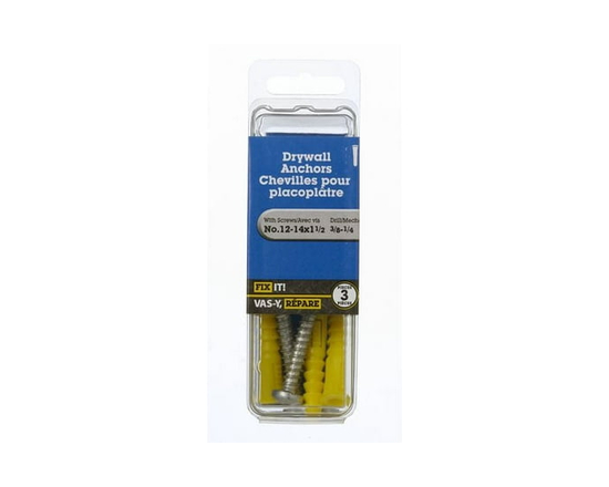 12-14x1-1/2" Drywall Anchor with Screws 3 Pieces - 12-14x1-1/2"