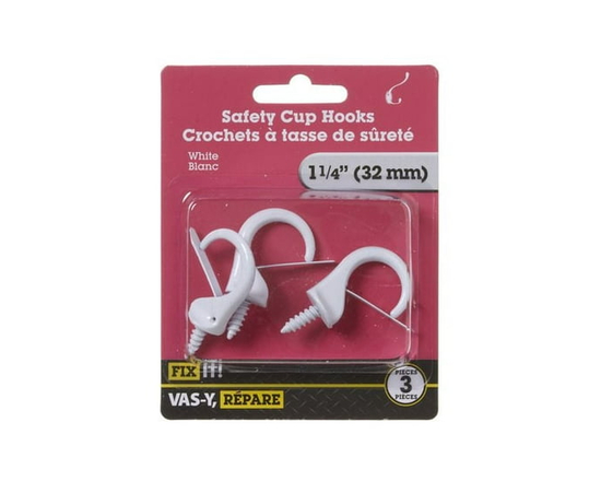 1-1/4" White Safety Cup Hook 3 Pieces - 1.25