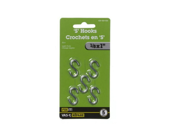 1/8" x 1" Zinc S Hook 5 Pieces - 1/8" x 1"