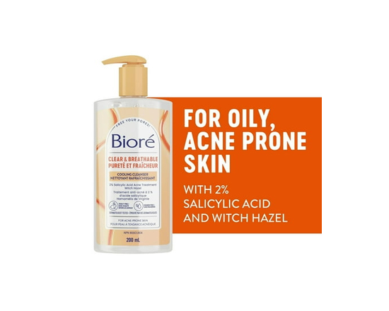 Bioré Pore Clarifying Cooling Cleanser with Witch Hazel, Salicylic Acid Face Wash for Acne Prone Skin, 200mL (Made in Canada) - 200mL