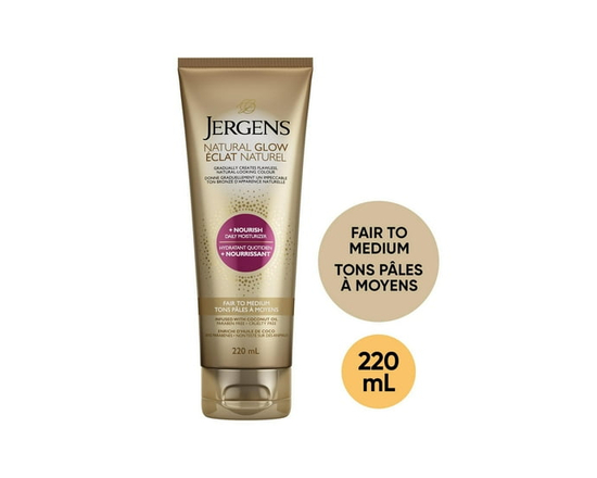 Jergens Natural Glow +Nourish Daily Moisturizer Gradual Sunless Self-Tanning Body Lotion for Dry Skin, Medium to Deep Shade, 220 mL