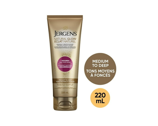 Jergens Natural Glow +Nourish Daily Moisturizer Gradual Sunless Self-Tanning Body Lotion for Dry Skin, Medium to Deep Shade, 220 mL