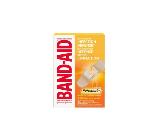 Band-Aid Brand Adhesive Bandages with Polysporin Antibiotic Ointment, Pack of Assorted Sizes, for Wound Care and First Aid, 20 Count - One Size