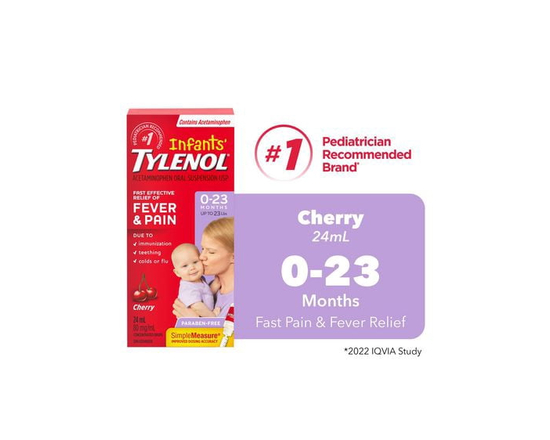 Tylenol Médicament pour nourrissons 0-23 mois; soulage fièvre et douleur, suspension orale d’acétaminophène à 80mg/1 ml, cerise, 24 ml
