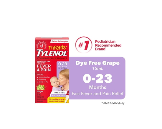 Tylenol Médicament pour Nourrissons, Soulagement de la Fièvre & de la Douleur, 0-23 Mois, Suspension Liquide au Raisin Sans Colorant, Acétaminophène 8