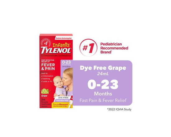 Tylenol Infants' Medicine, Fever & Pain Drops, Dye Free Grapem 24 mL