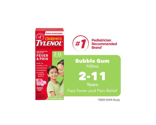 Tylenol Médicament pour enfants 2-11 ans; soulage fièvre et douleur, suspension orale d’acétaminophène à 160 mg/5 ml, gomme à bulles, 100 ml