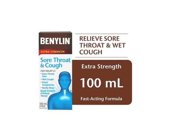 BENYLIN® Extra Strength Sore Throat & Cough Syrup, Relieves Sore Throat & Wet Cough, 100mL