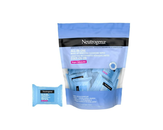 Neutrogena All-in-One Makeup Removing Cleansing Wipe, Waterproof Mascara Removal, Fragrance Free, Plant Based Wipes - 20 pouches per package
