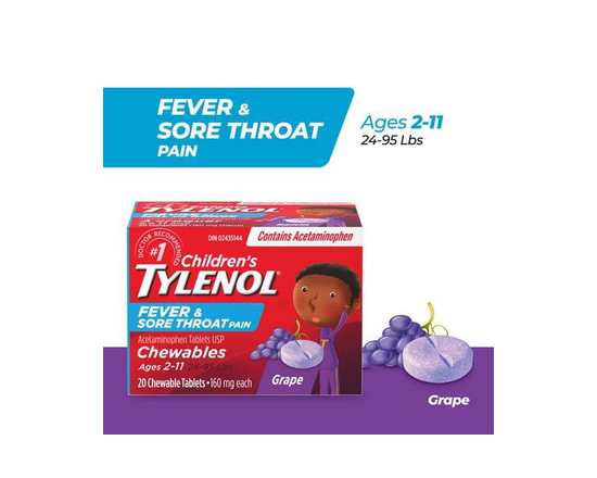 Tylenol Children's Medicine, Fever and Sore Throat Chewables, Grape, 20 Count