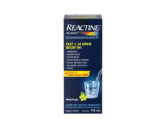 Reactine Liquid Allergy Medicine - For Itchy Eyes, Hives, Runny Nose - 24 Hour Allergy Relief - White Grape Flavour, 118 mL