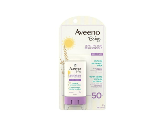 Aveeno Baby Sensitive Skin Mineral Sunscreen Stick SPF 50 with 100% Zinc Oxide, for Face & Body, Sweat- & Water-Resistant Kids Sunscreen Stick, Travel