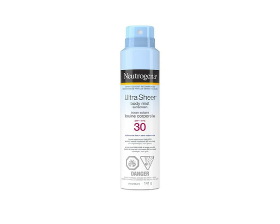 Neutrogena Ultra Sheer Body Mist Sunscreen Spray SPF 30 with UVA/UVB Broad Spectrum Sun Protection, Lightweight, Water-Resistant, Oil-Free, Non-Comedo