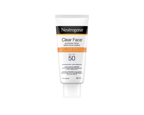 Neutrogena Clear Face Sunscreen Lotion for Acne-Prone Skin, Broad Spectrum SPF 50 UVA/UVB Protection, Oil-, Fragrance- & Oxybenzone-Free Facial Sunscr