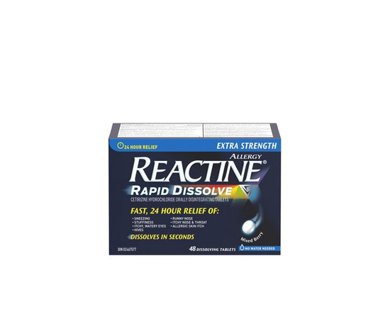 Reactine Rapid Dissolve Antihistamine Tablets, 10 mg of Cetirizine Hydrochloride, Extra Strength, Allergy Relief, 48 Count