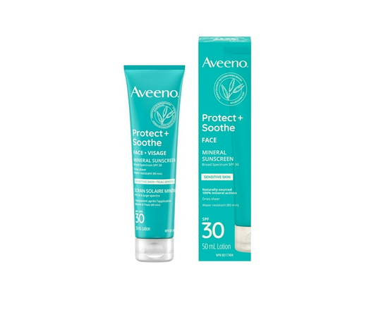 Aveeno Protect + Soothe Face Mineral Sunscreen SPF 30, Ideal for Sensitive Skin, Oat & Mineral Formula, Dries Sheer, UVA/UVB, Face Sunscreen, Fragranc