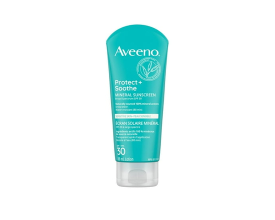 Aveeno Protect + Soothe Sensitive Skin Mineral Sunscreen SPF 30, Oat & Mineral Formula, Paraben Free, Fragrance Free, Dries Sheer - One Size
