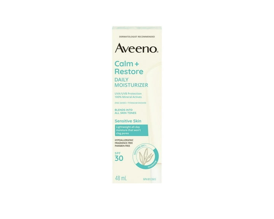 Aveeno® Calm + Restore Hydratant Quotidien, FPS 30, Actifs 100 % Minéraux, à Grand Spectre, Non Comédogène Peau Sensible, Avoine, Hypoallergénique, Sa