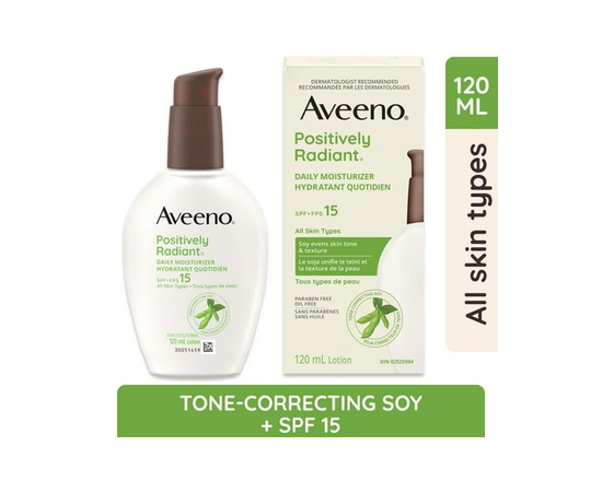 Hydratant quotidien Aveeno Positively Radiant FPS 15 – Lotion visage à base de soja pour peau sèche, hypoallergénique et sans huile, unifie le teint e