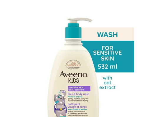 Aveeno Kids Sensitive Skin Face & Body Wash, Formulated with Nourishing Oat Extract to Wash Away Dirt and Germs Without Drying, Kids Body Wash is Tear