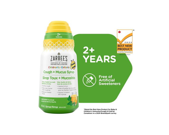 Zarbee's Children's Cough + Mucus Syrup, Zinc, Honey, Elderberry, English Ivy Leaf, Immune System, Mixed Berry Flavour, 118 mL