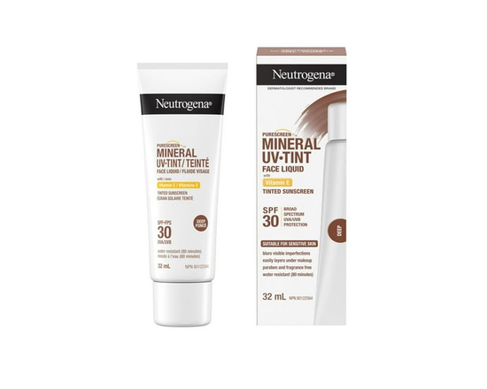 Neutrogena Purescreen+ Mineral UV Tint Face Liquid Sunscreen, Deep Skin Tone, SPF 30, Vitamin E, UV Protection - &