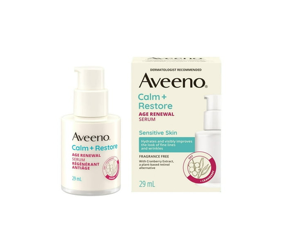 Aveeno® Calm + Restore Sérum Régénérant Antiâge, Niacinamide, Avoine, Canneberge, Alternative au Rétinol, Antiâge, Doux pour la Peau Sensible, Hypoall