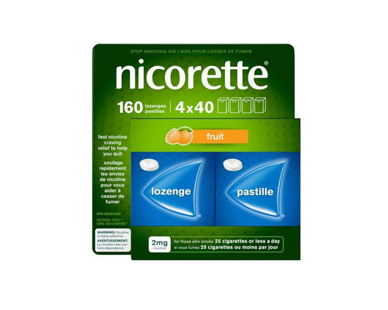 Pastilles Nicorette Fruit   2&nbsp;mg, aide pour cesser de fumer, TRN, produits de remplacement de la nicotine, maîtrise des envies, paquet de 160