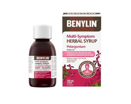 Sirop à base de plantes Benylin Symptômes multiples, antitussif, soulagement du mal de gorge, rhume, Pelargonium sidoides