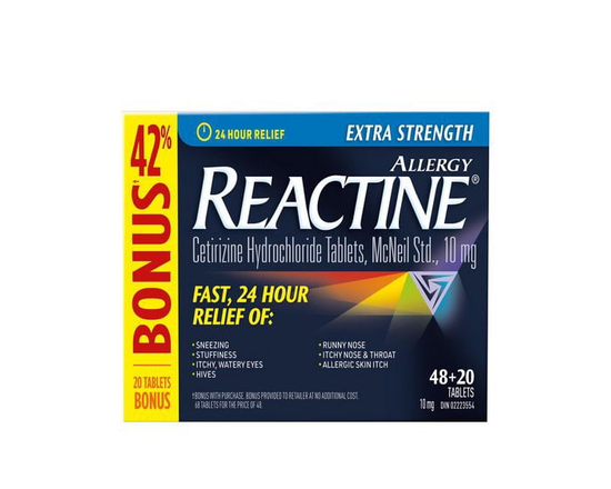 Reactine Extra Strength Antihistamine Tablets - 10mg Cetirizine Hydrochloride - 24 Hour Allergy Symptom Relief Medicine, 48 Count + 20 Count Bonus