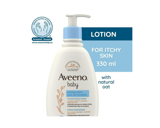 Aveeno Baby Soin de l'Eczéma Crème Hydratante pour le Corps avec Céramides, Lotion pour Peau Sèche, Sans Parfum, Sans Parabènes, Avoine Colloïdale