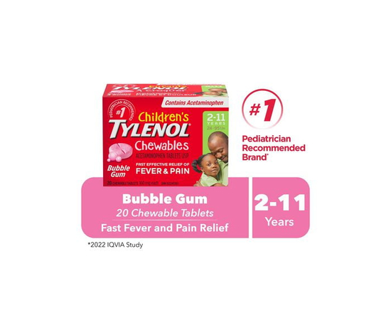 Comprimés à croquer Tylenol Enfants Fièvre et douleur, gomme à bulles, 20 comprimés
