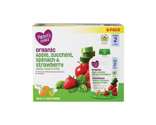 Parent's Choice Biologique Pomme, Courgette, Épinards & Fraise Purée pour Bébé - 473 ml