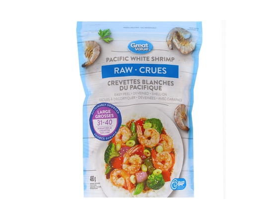 Great Value Crevettes Blanches du Pacifique Crues 31/40 - 480 g