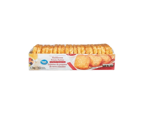 Great Value Hashbrown Potato Patties, Frozen, 20 Patties - 1.3 kg